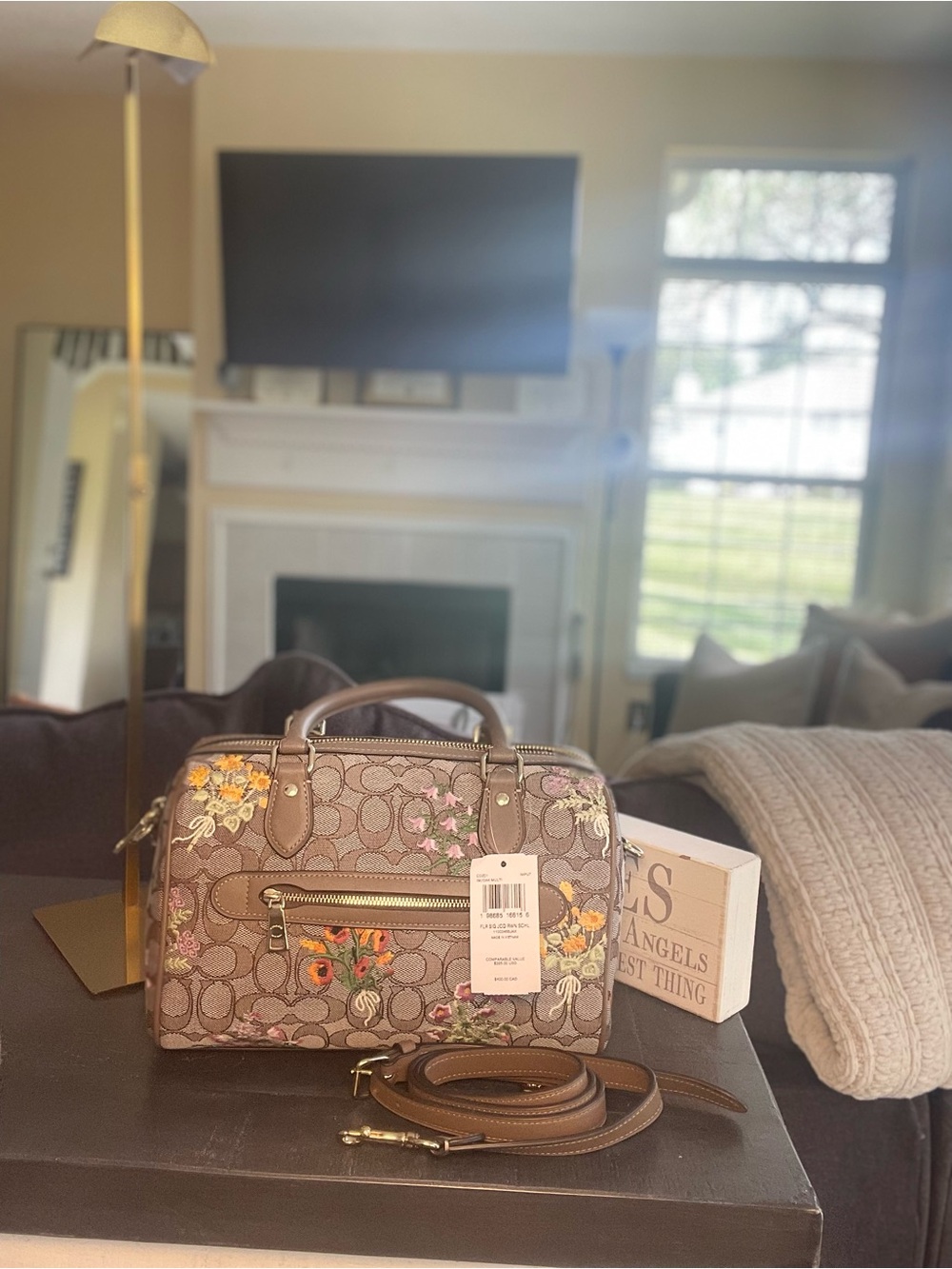 Coach Brown Signature Floral Embroidery Medium Rowan Satchel